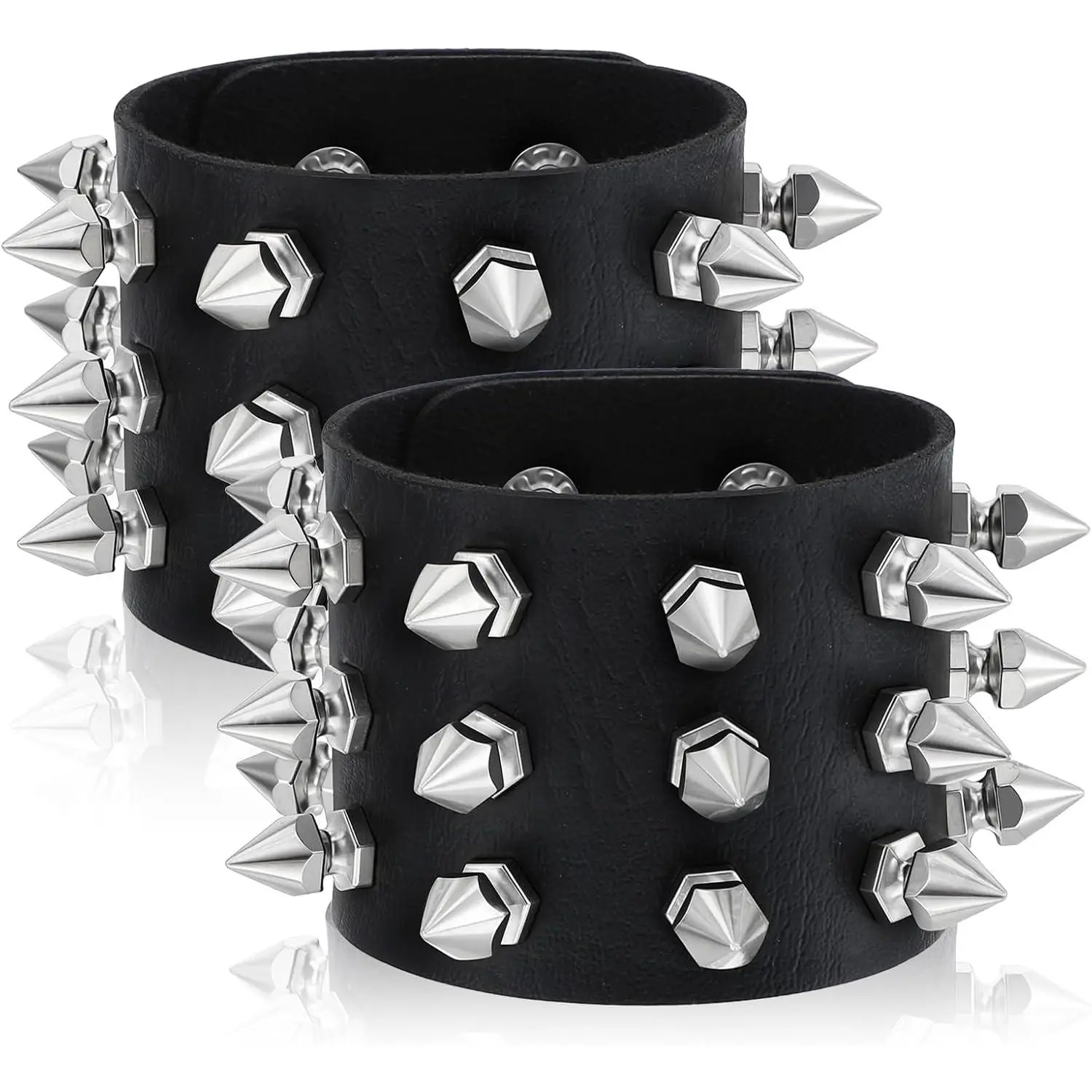 2 count Studded Bracelet Gothic Punk Rock Spiked Bracelets Exaggerated Black Leather Rivet Wristband Adjustable Wrap Wide Strap Button Metal Wristband for Halloween Party Decor Men Women