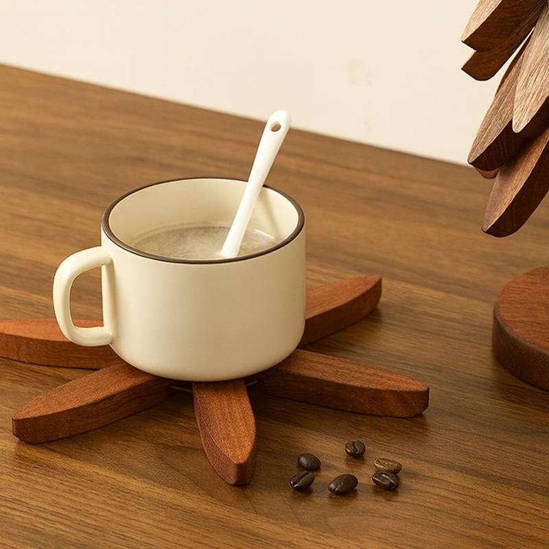 Natural Tree Trivet Set - 5 Wooden Trivets & 1 Stand, heat-resistant foldable solid wood trivets for hot dishes, pots and pans, farmhouse kitchen décor table protectors and coasters for dining table