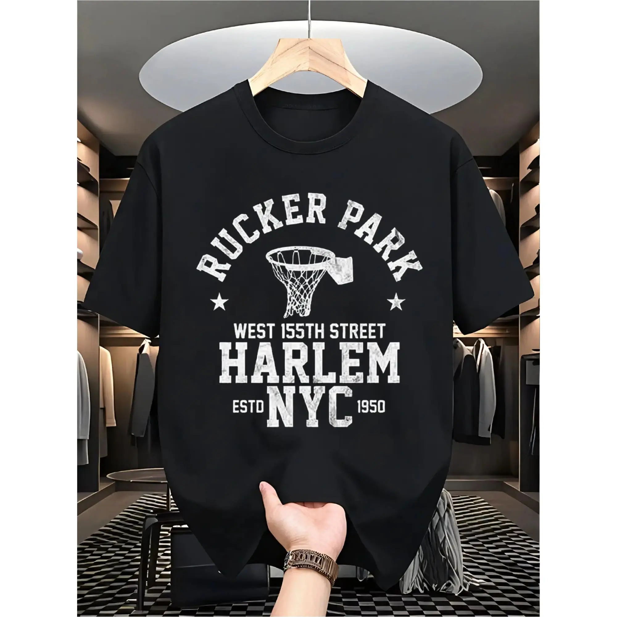 Men's Heavyweight  Cotton Basketball T-Shirt - Vintage Harlem NYC & Rucker Park Graphic, Harlem 1920-1960 Print, Preshrunk Crew Neck Streetwear Tee for Casual Wear, Sports, Harlem Culture Gift (Sizes S-XXXL)