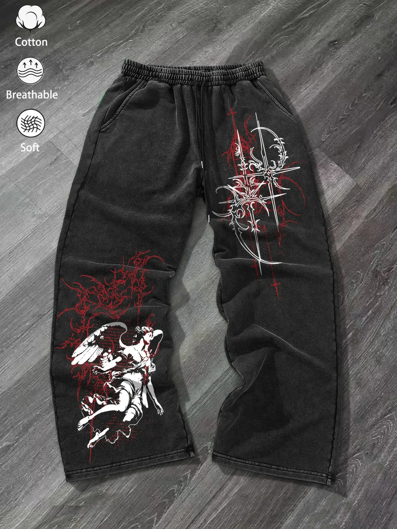 1 Piece Men's Baggy Sweatpants Cyber-Y2K Gothic Angel Print Drawstring Casual Loose Trousers for Men Streetwear Outfit