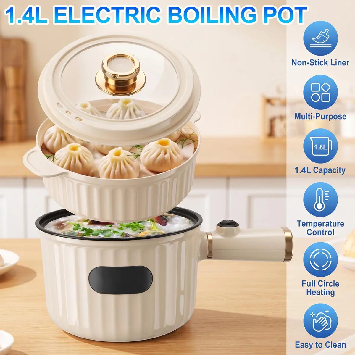 1.4L 2-in-1 Electric Hot Pot with Steamer, Non-Stick Electric Cooker with Adjustable Temperature Control, Detachable Power Cord, Portable Ramen Cooker with Overheat Protection for Dorm, Apartment, and Single Serving