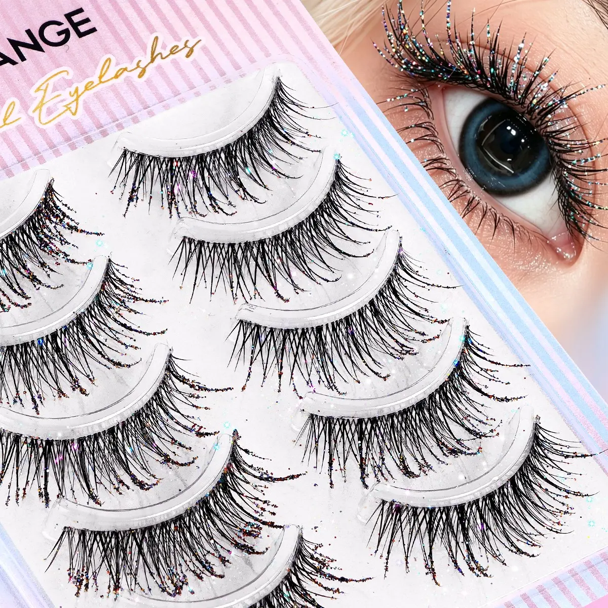 MAANGE Glitter False Eyelashes, C Curl Voluminous Wispy Lashes with Colorful Sequins, Clear Soft Band, Lightweight & Reusable, Sparkly Shiny Look, Great for Christmas, Halloween, Party, Festival and Stage Eye Makeup