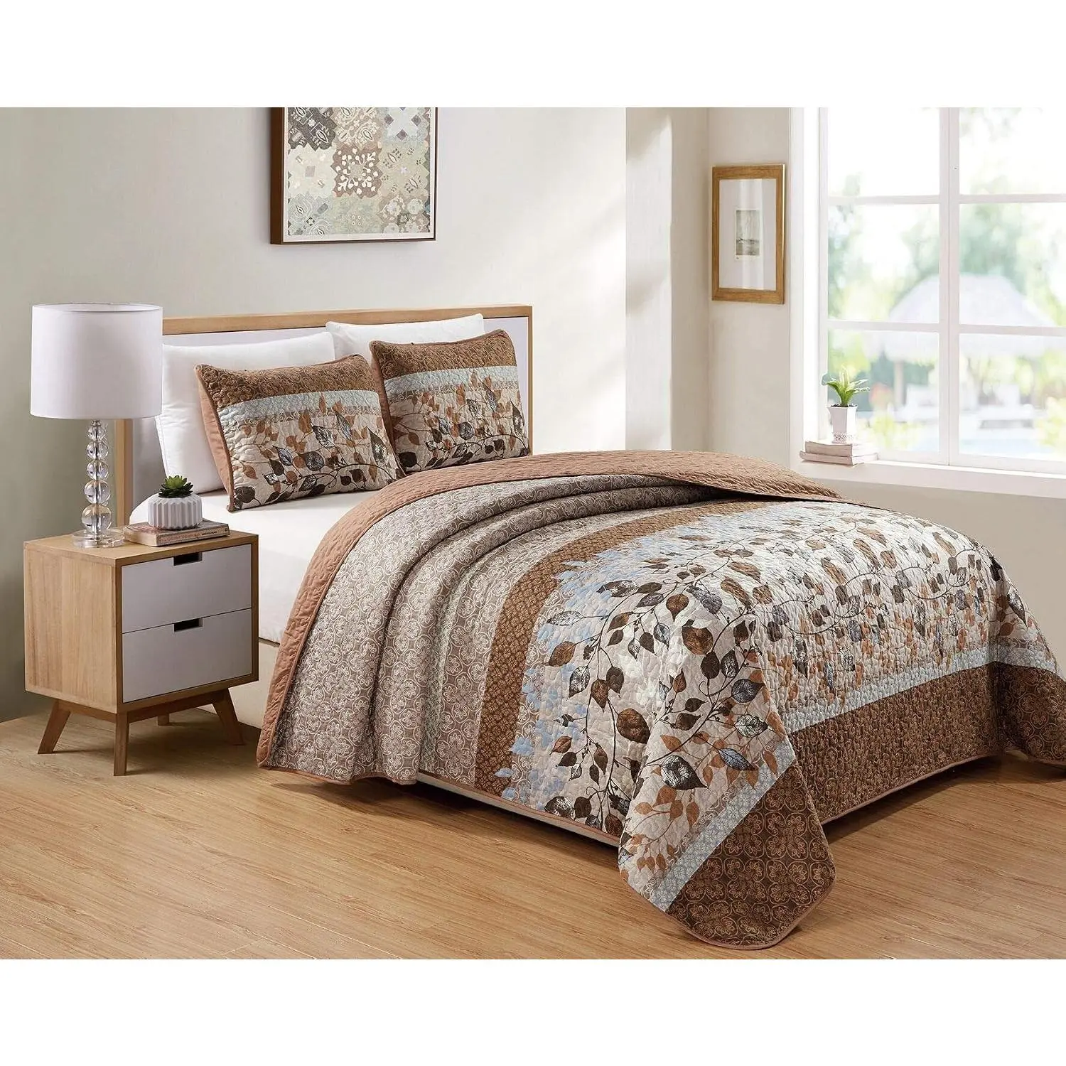 Home Linen Bedspread Set Brown Tan Sky Blue Leaves White New Fits King/California King
