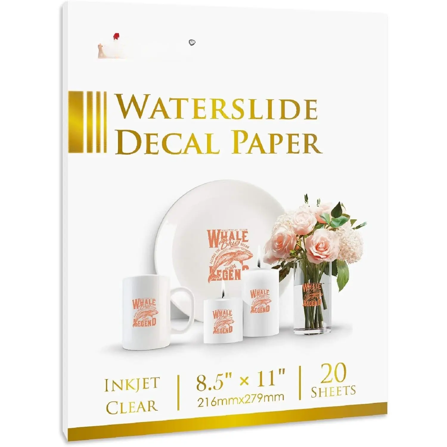 Waterslide Decal Paper for Inkjet Printer, Clear 20 Sheets | 8.5x11 Inch Water Slide Transfer Paper, for DIY Tumbler, Mug, Glass