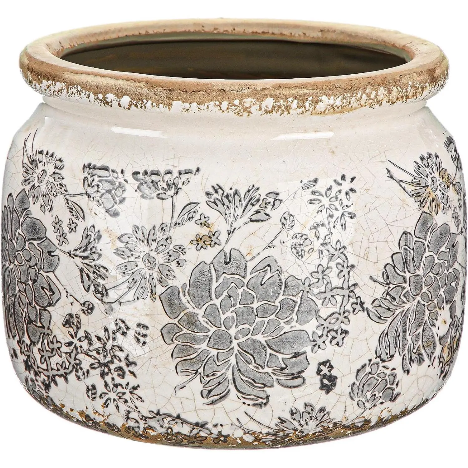 7.7x5.9" Rustic Peony Crackle Ceramic Planter, Large Beige Gray Pot with Drainage, Dual Use for Indoor Outdoor Kitchen Office Room Decor, Ideal for Decor Enthusiasts