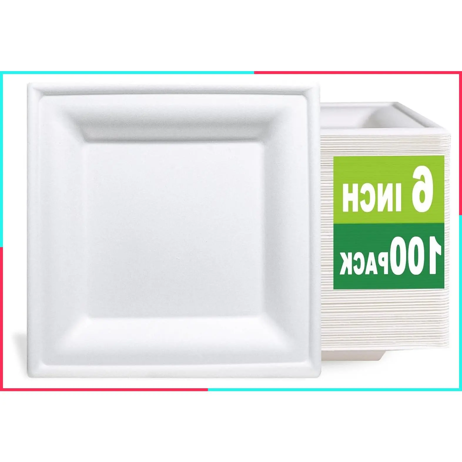 100 Count 6 Inch Small Square Compostable Plates, Heavy Duty Bagasse and Bamboo Fiber Plates