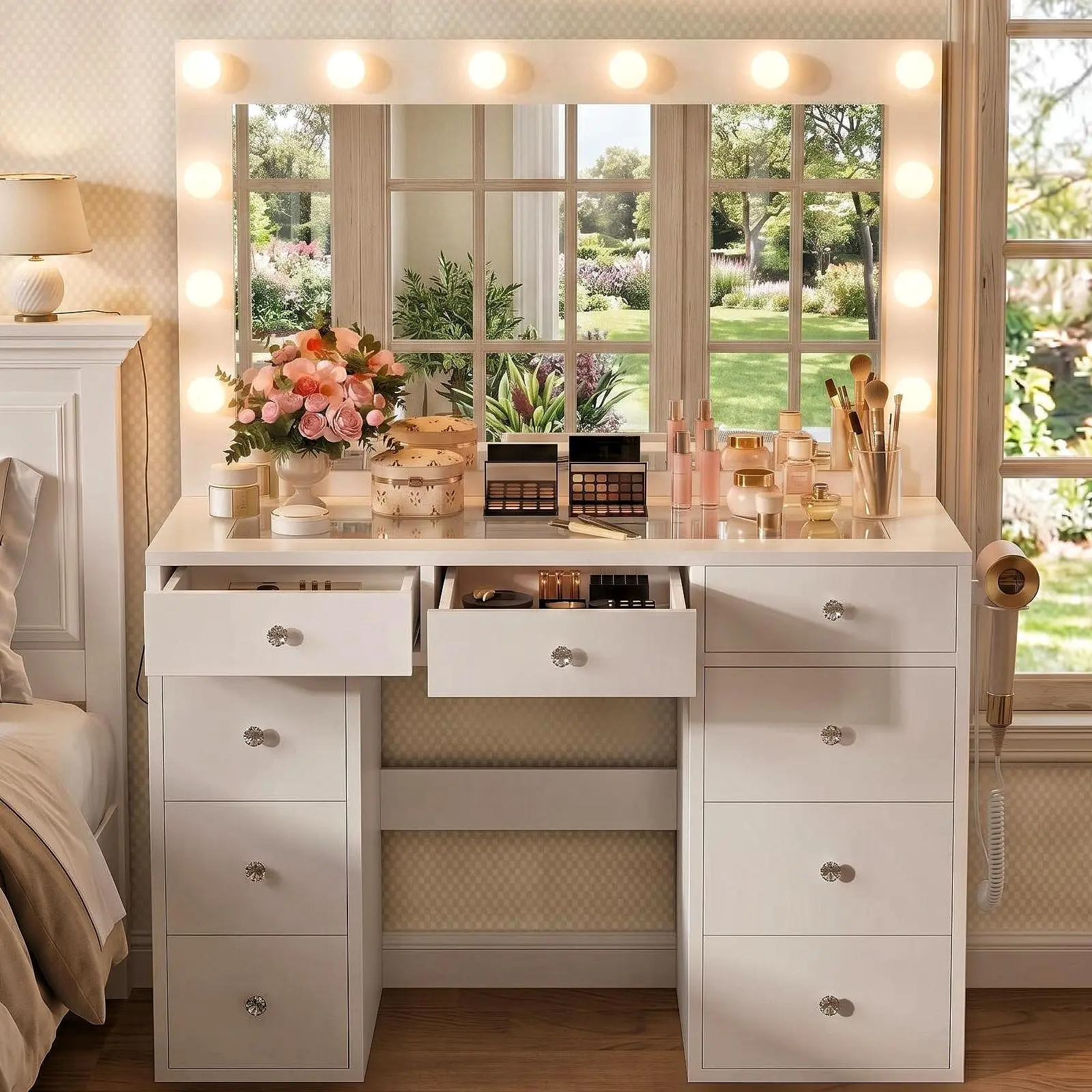 Large Vanity Table with Light Bulbs – Glass Top Makeup Vanity Desk with 11 Storage Drawers, Large Mirror, Power Outlet for Bedroom & Salon