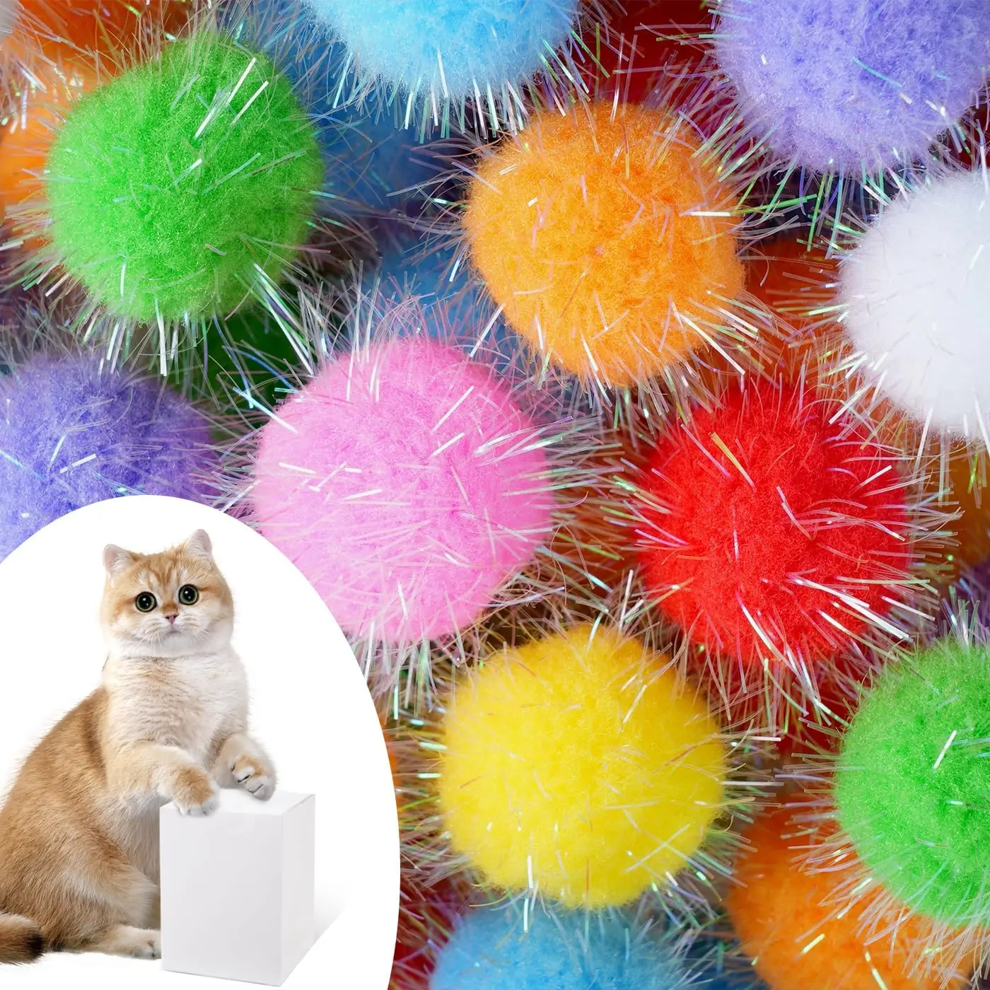 30 count  Pom Pom Balls, Interactive  Toys, Sparkle Balls for Cats,  and Fuzzy for Exercise and Entertainment, Multicolor, 1.5 Inch