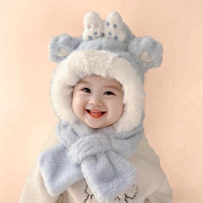 ' Bear Ear Hat & Scarf Combo - Pink Plush Winter Beanie with Earmuffs, Bunny-like Ears & Bow-like Collar - Soft Snug-Fit for, - Cozy Unisex Outfit for Christmas, Trips & Daily Cold Weather (No Neck