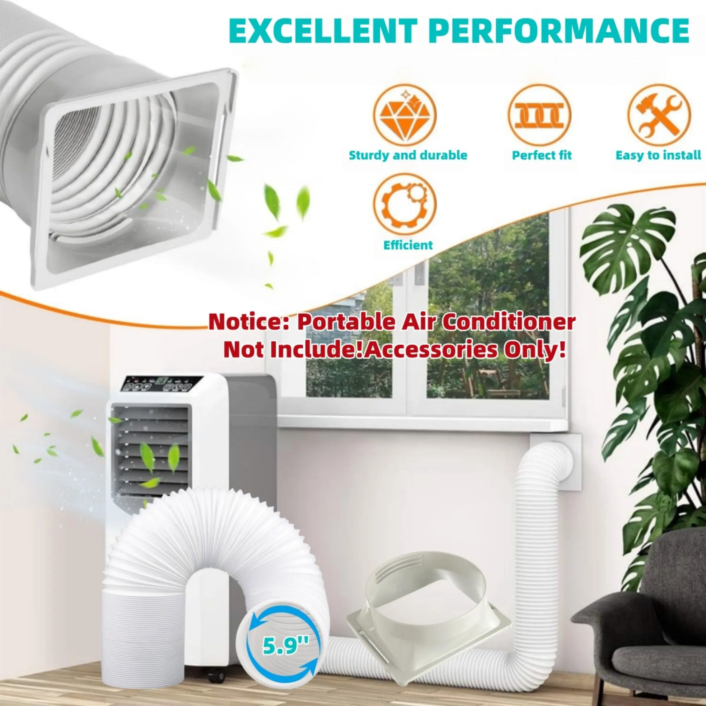 Easy to install portable air conditioning hose kit, air conditioning hose with 5.9-inch air conditioning connector adapter, bidirectional threaded fittings, air conditioning accessories, replacement parts