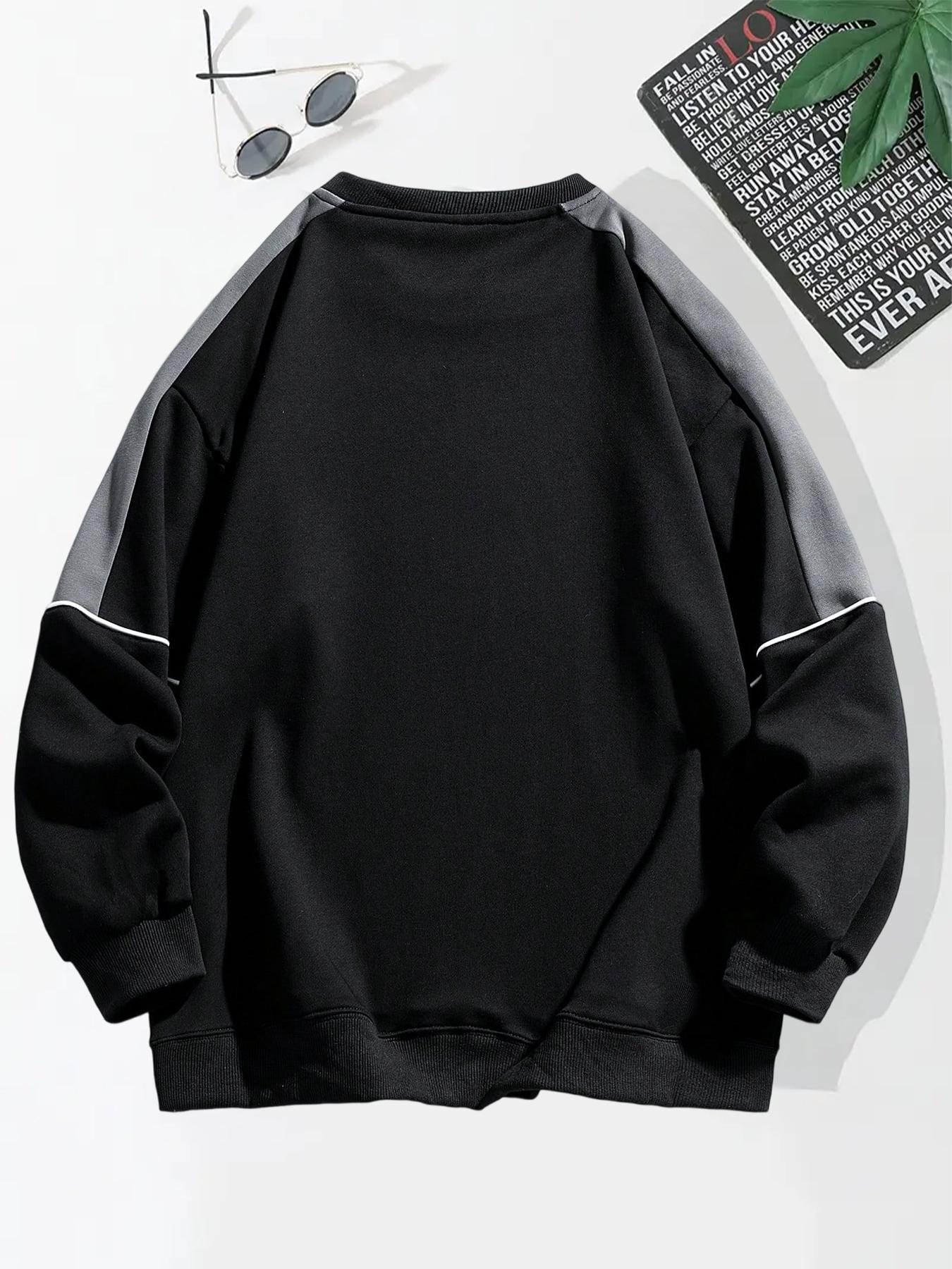 Men's Solid Color Patchwork Crew Neck Long Sleeve Knit Fitted Casual Top, Comfortable Fashion Design, Perfect for Spring & Fall Seasons