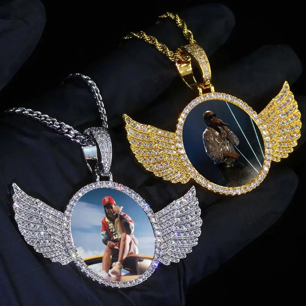 Hip Hop Jewelry 68mm Wing Circle Photo Pendant Bling Iced CZ Paved 18k Gold Plated Personalied Picture Pendant Necklace Custom