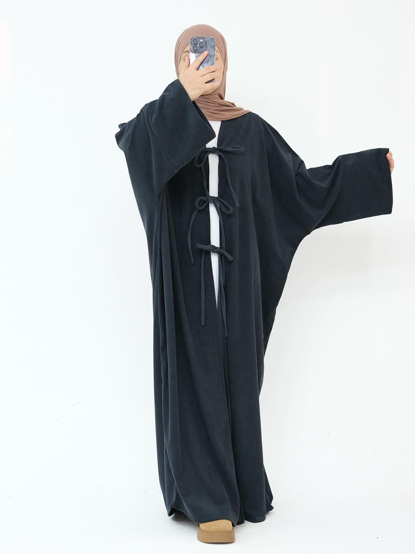 Women's Solid Color Tie Front Batwing Sleeve Abaya, Casual Long Sleeve Thickened Outerwear for Fall & Winter, Women's Islamic Clothing for Daily Wear
