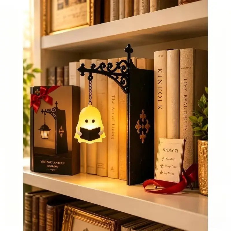 Vintage Iron Hanging LED Lantern Bookend, Gothic Carved Warm Light Decor, Halloween Home Decoration, Book Lover Gift