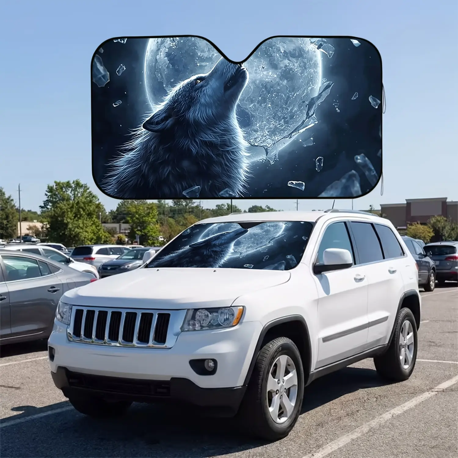 1pc Howling Ice Cracked Moonlit Gray Wolf 2D Flat Printed Pattern Car Sunshade Visor, UV Protection, Fashionable Design, Easy Installation, Foldable for Convenient Storage, Keeping Your Vehicle Cool, Suitable for Cars, Suvs, And Trucks