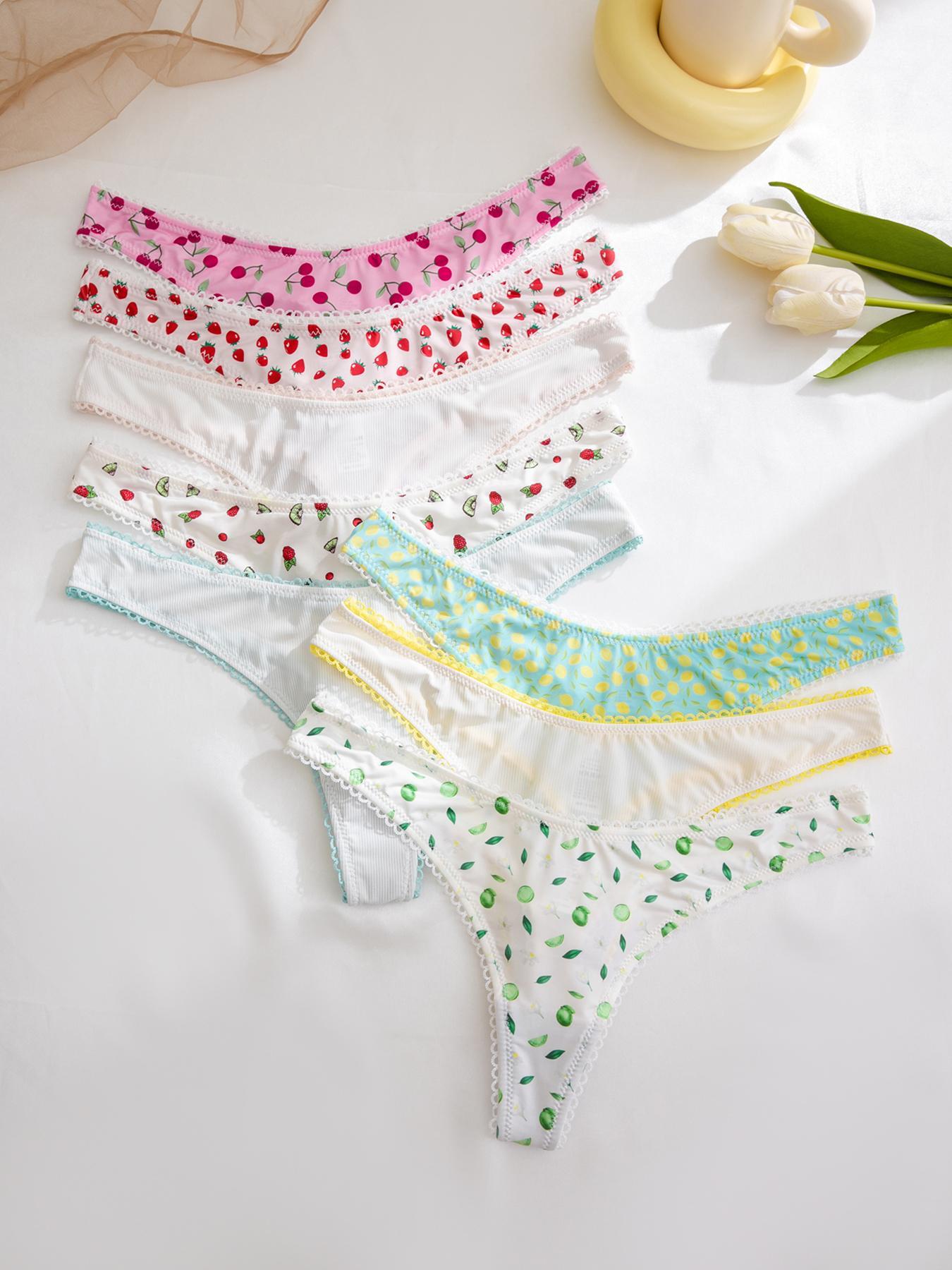 Women's Contrast Binding Fruit Printed Thong, Lady Pastel Soft Comfy Breathable Panty for Daily Wear, Underwear for Women, Underwear for All Seasons, Soft Breathable Panties