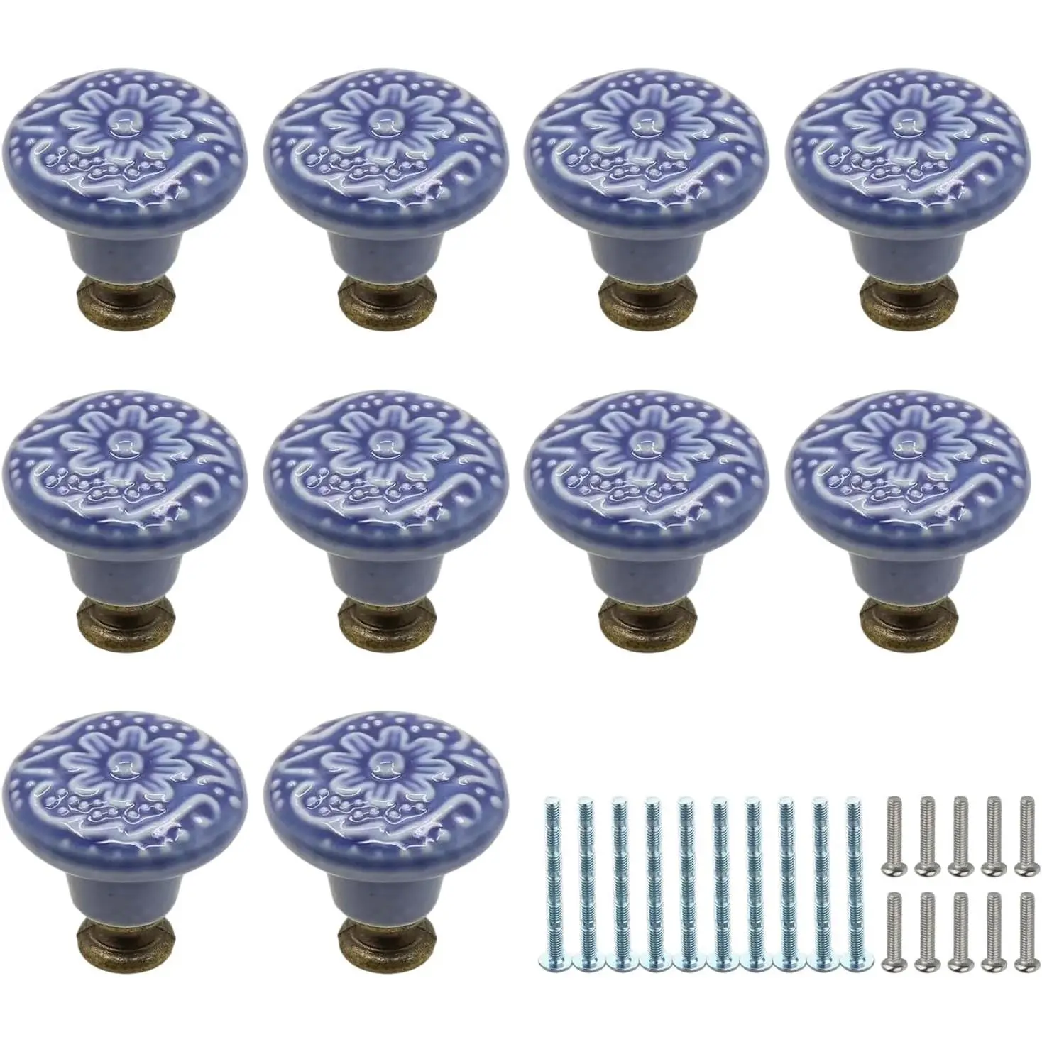 10 Pack Thick Smooth-Edges Blue Ceramic Flower Cabinet Knobs with Screws | Versatile Drawer Knobs for Kitchen, Wardrobe & Nightstand Furniture
