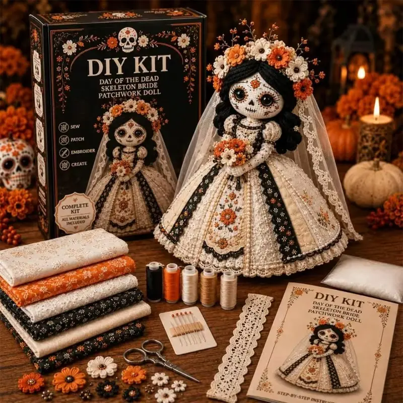 Halloween Patchwork Doll DIY Kit, Adult Sugar Skull Sewing Craft Set, Halloween Doll Making Kit, Fall Home Decor Handmade Gift