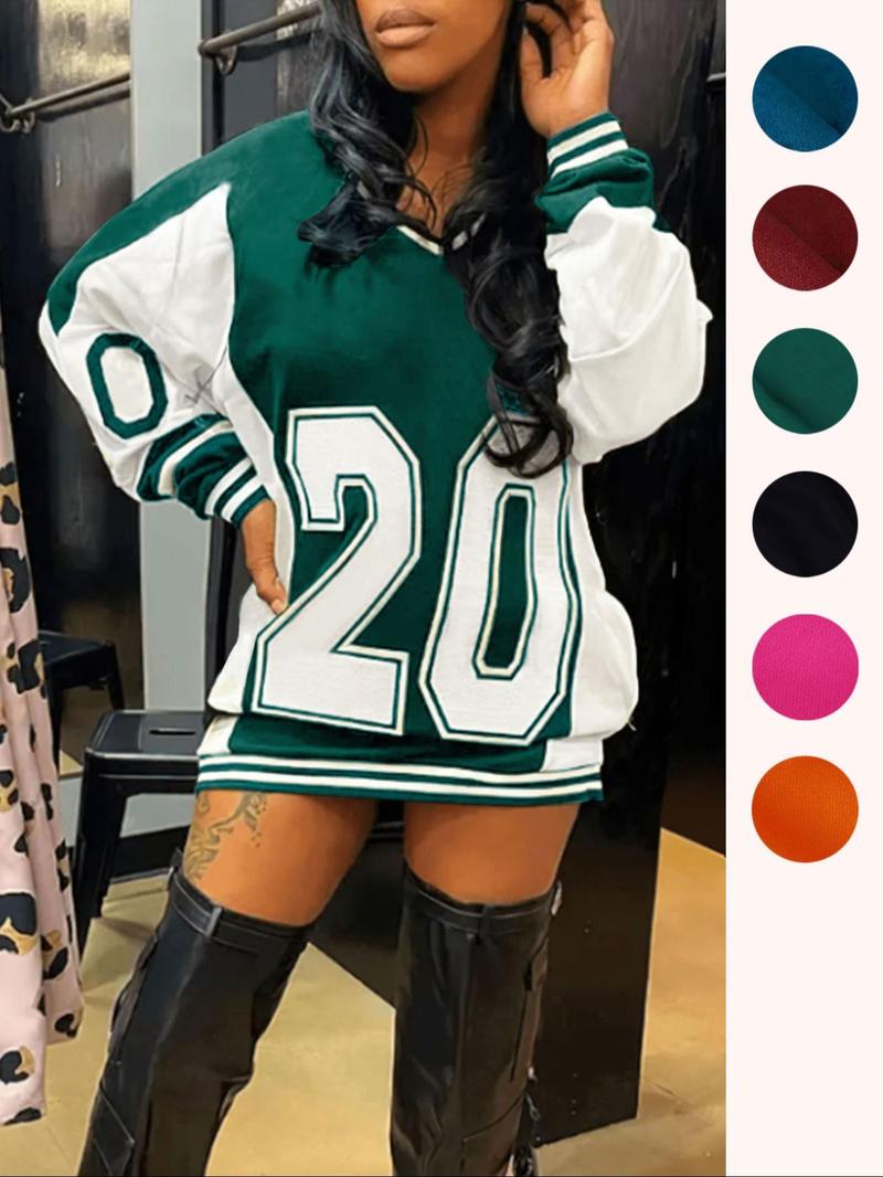 Women's Colorblock & Figure Print Drop Shoulder Sweatshirt, Preppy Fashion Street V Neck Long Sleeve Pullover for Daily Outdoor Wear, Ladies Spring & Fall Clothes