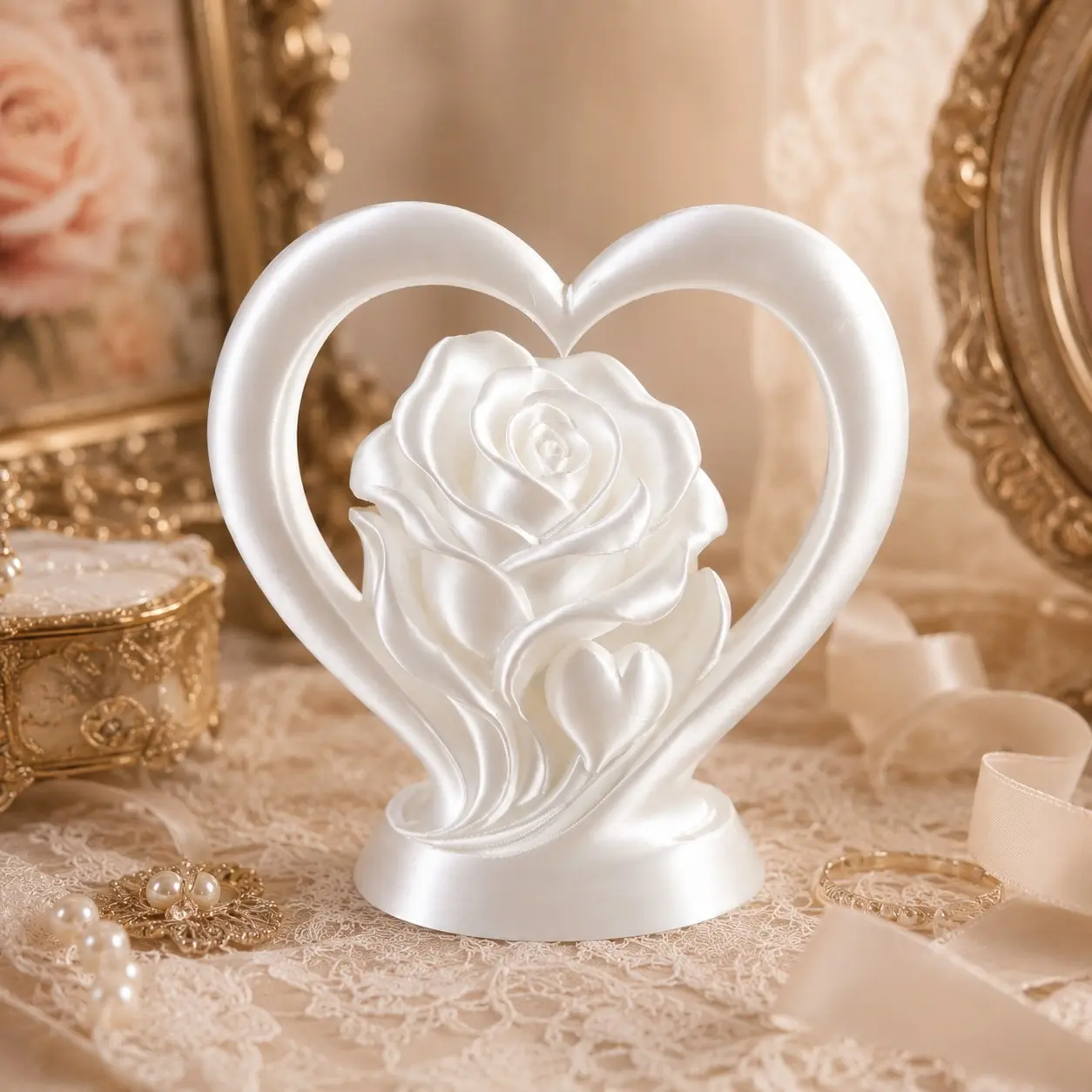 Rose Heart Decorative Ornament, Romantic Flower Heart Statue with Small Hearts and Round Base, Perfect for Home Décor and Gifts