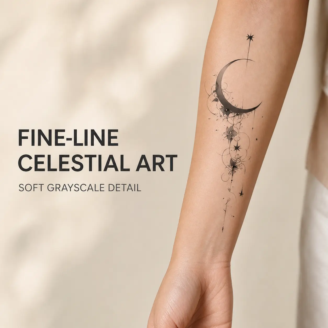 4PCS Celestial Crescent Moon Temporary Tattoos - Black Floral Star Fake Tattoos, Large Vertical Body Art Stickers for Arms, Back, Festival Looks (Apply Wet)