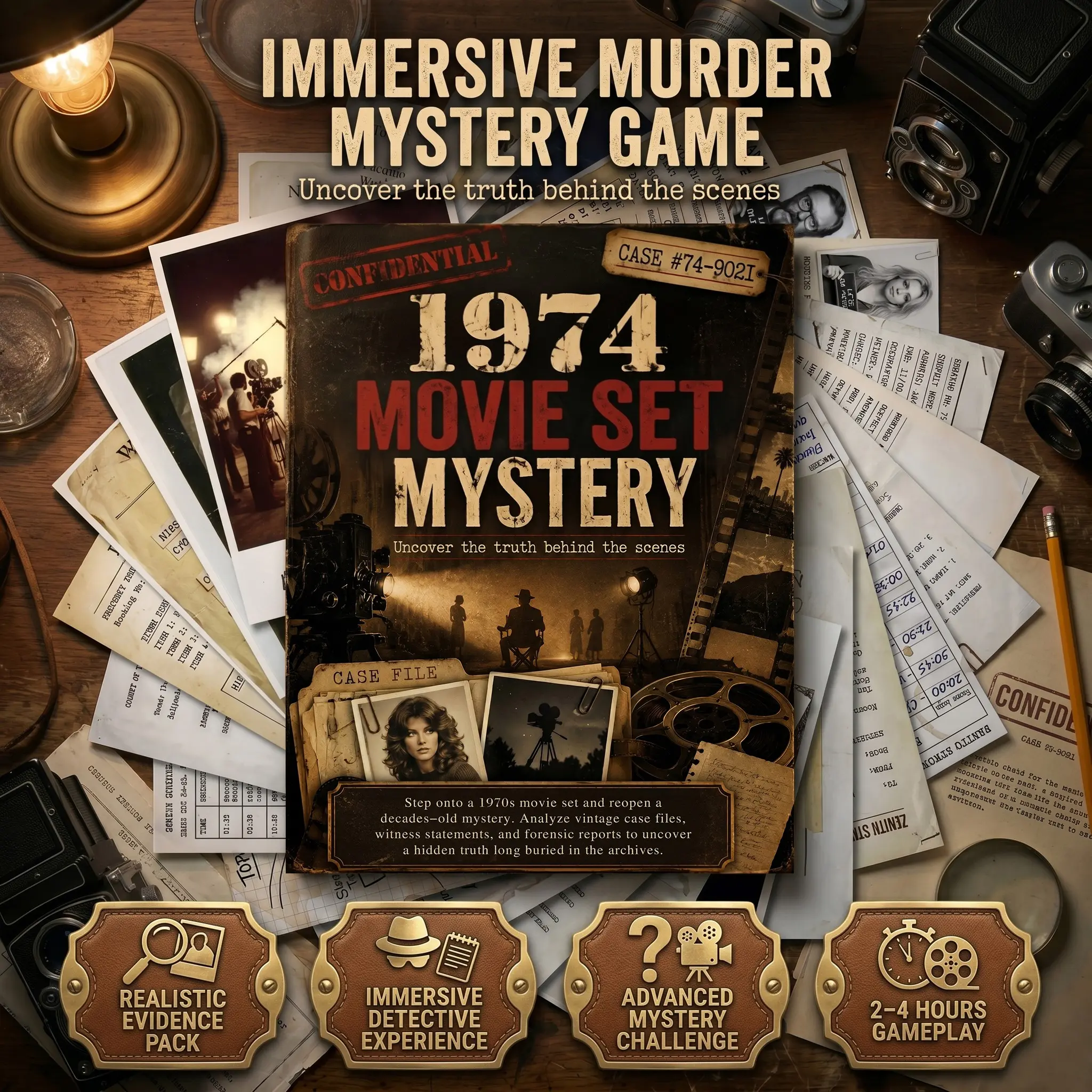 Deluxe Unsolved Cold Case Game-1974 MOVIE SET MYSTERY, 1970s Murder Mystery Evidence Kit, Full Case File with Realistic Evidence, Clues & Suspects, 30+Pcs Realistic Evidence, Suitable for Adults Couples Game Night Parties