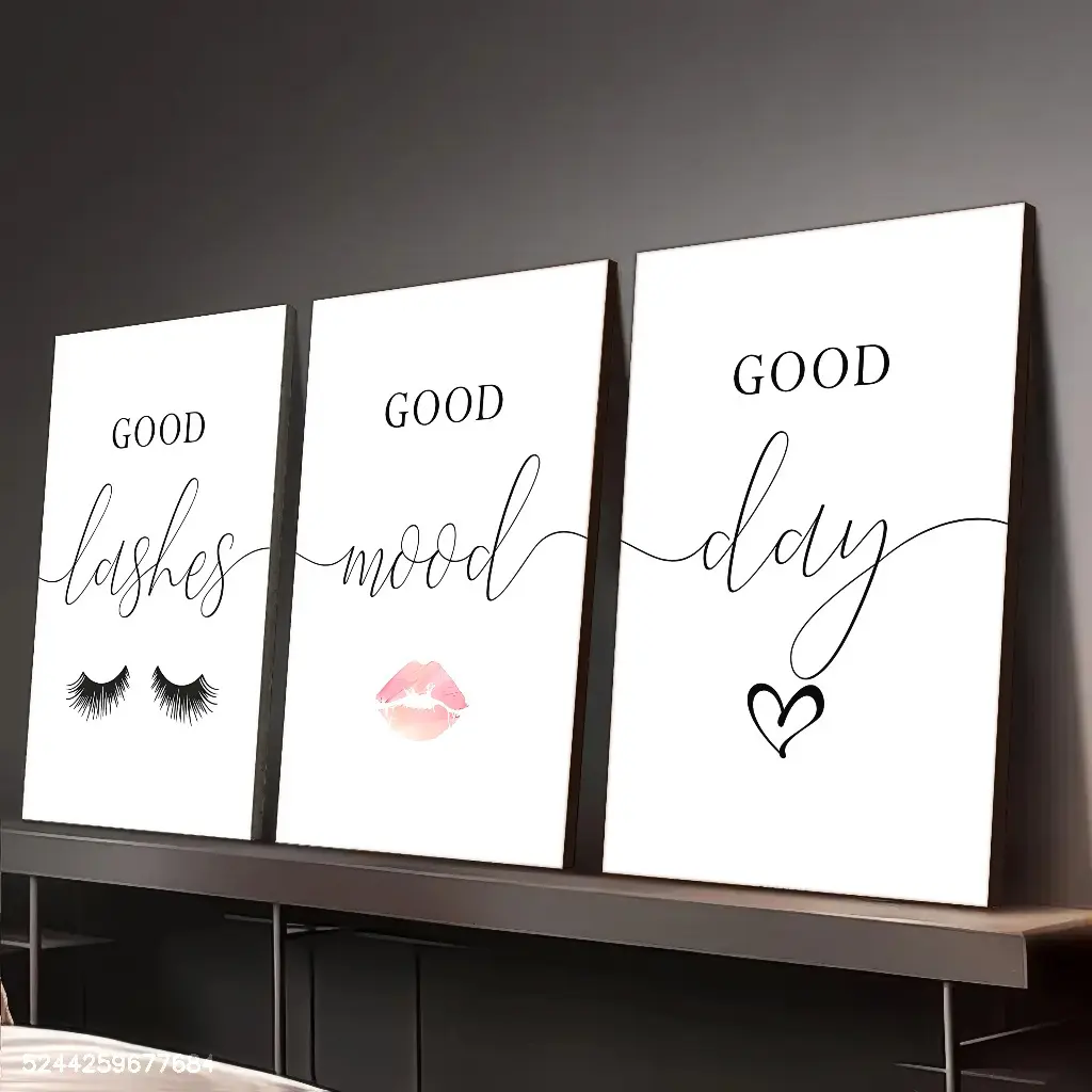 2D Flat Tripartite Wooden Frame Canvas Poster - "Lush Lashes, Cheerful Vibes, Fulfilling Life" - Custom Framed Oil Painting, Home Decor Wall Art, Great Gift for Friends wall decor fall decor 2026 wall art
