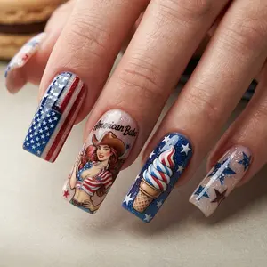 4th of July Press on Nails Blue Red White Stars Stripes Fake Nails, Cute Ice Cream & Cowgirl Coquette Acrylic Nails Summer French Tip False Nails with Glue 24Pcs