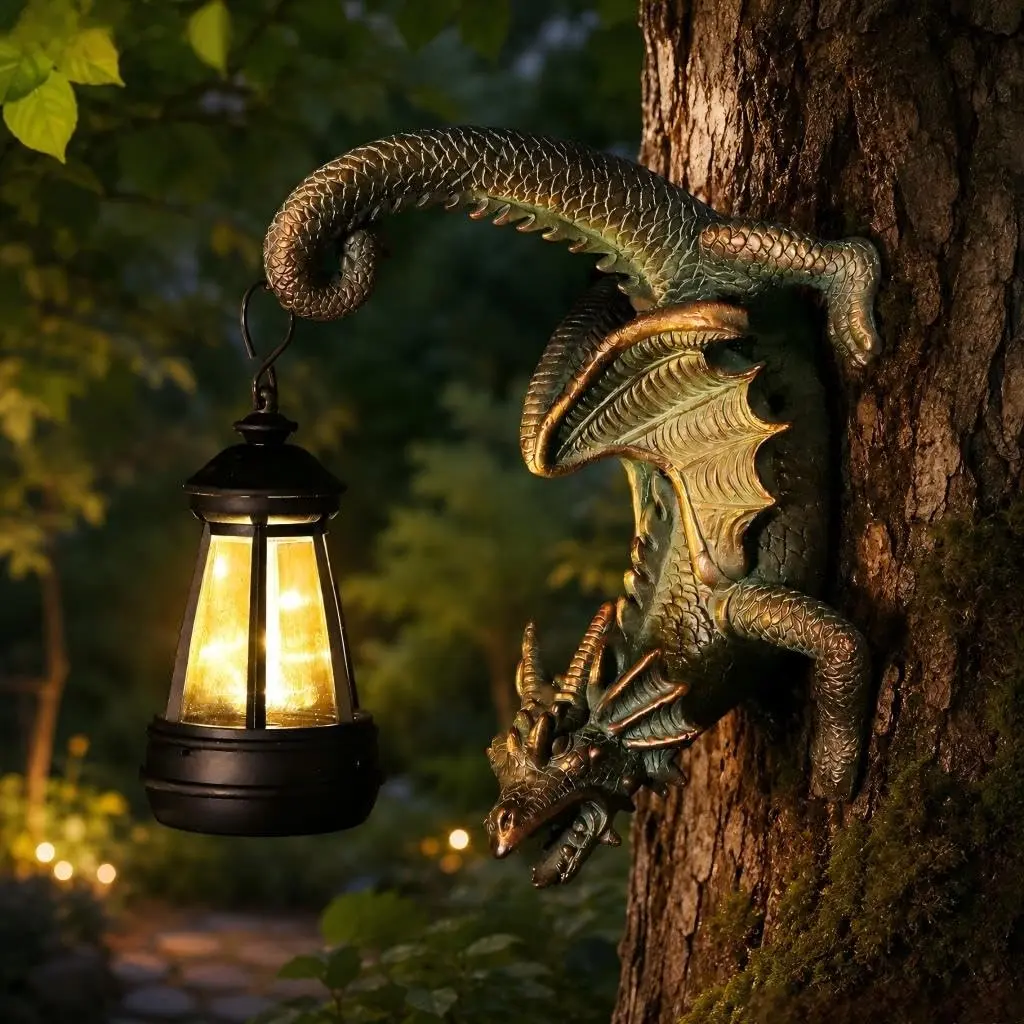 Solar Dragon Statue Wall Decor, Fun Garden Sculpture with Solar Lantern, Outdoor Courtyard Decoration, Unique Gift for All Ages