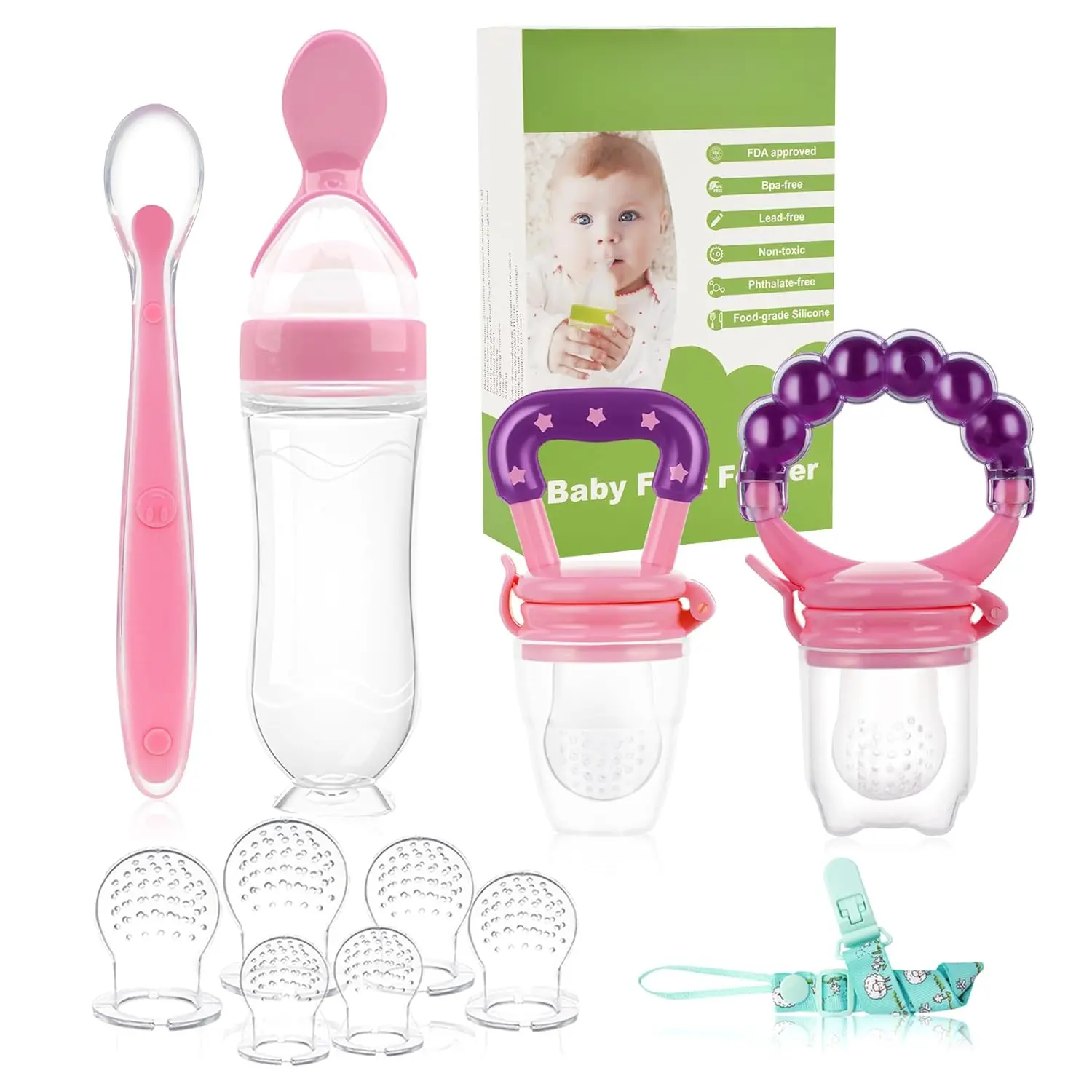 Baby Fruit Feeder Pacifier - 12 Pack |   2 Infant Food Feeder Pacifier & 1 Baby Food Dispensing Spoon |   Fresh Fruit Teethers  Babies |   Silicone Feeder Babies,Infant Teething Feeders (Pink)
