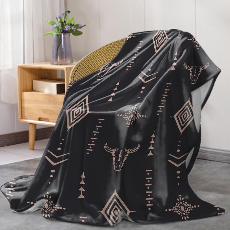 JOOCAR Soft Digital Print Polyester Knitted Retro Western Style Flannel Throw Blanket - Mid Century Design with Bull & Geometric Patterns for Bed, Sofa, Office, Camping - All Seasons