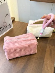 Soft Fufu Puff Plush Makeup Bag, Girl Heart Bubble Plush Portable Storage Bag, Large Capacity Travel Wash Kit with Plush Strap