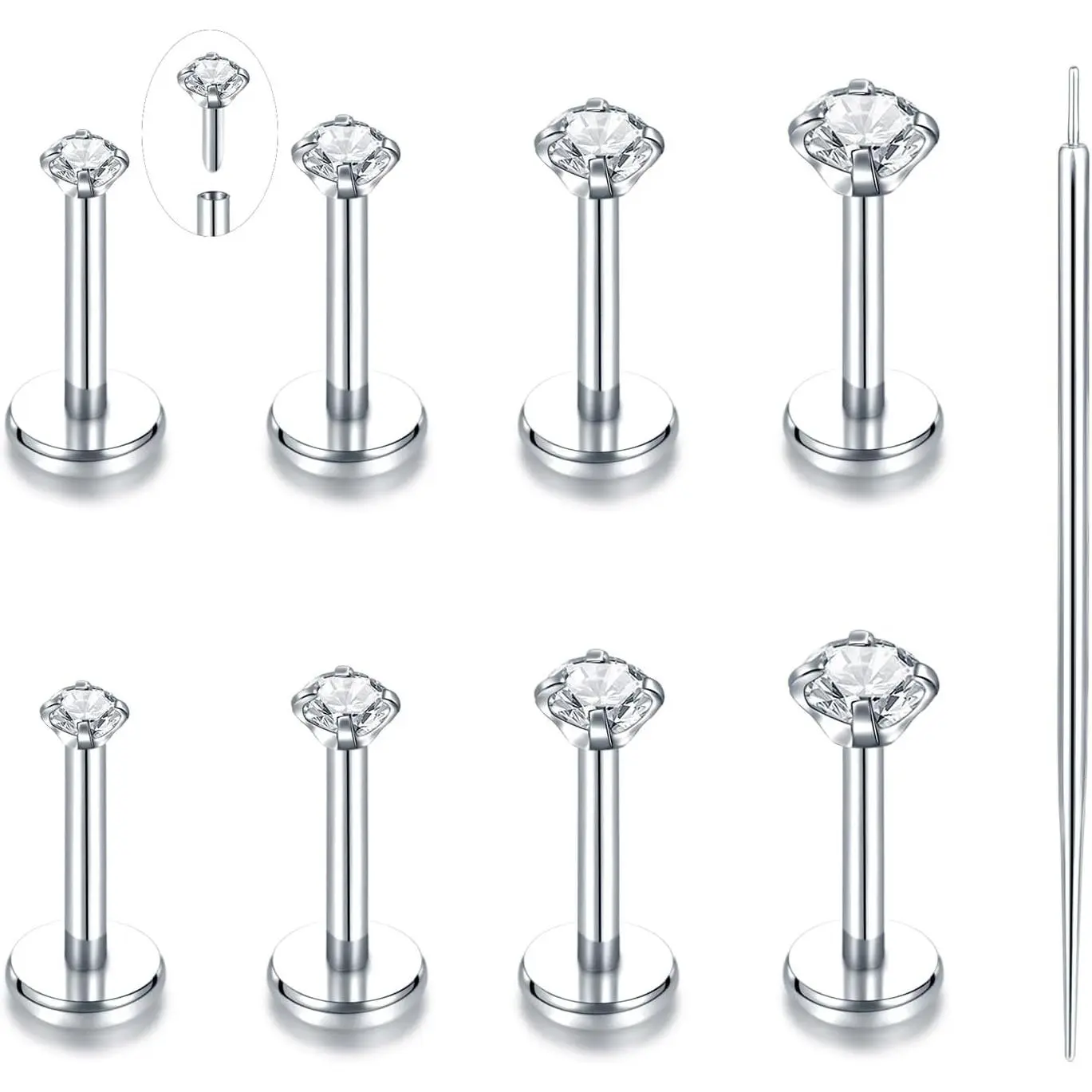 Threadless Stainless Steel Labret Studs with CZ Tension Set, Highly Polished with a Smooth Surface, Lip Rings & Cartilage Earrings for Women, 16G/18G(1.0mm)/20G, 6-12mm Bar, 3Mm, 6Mm