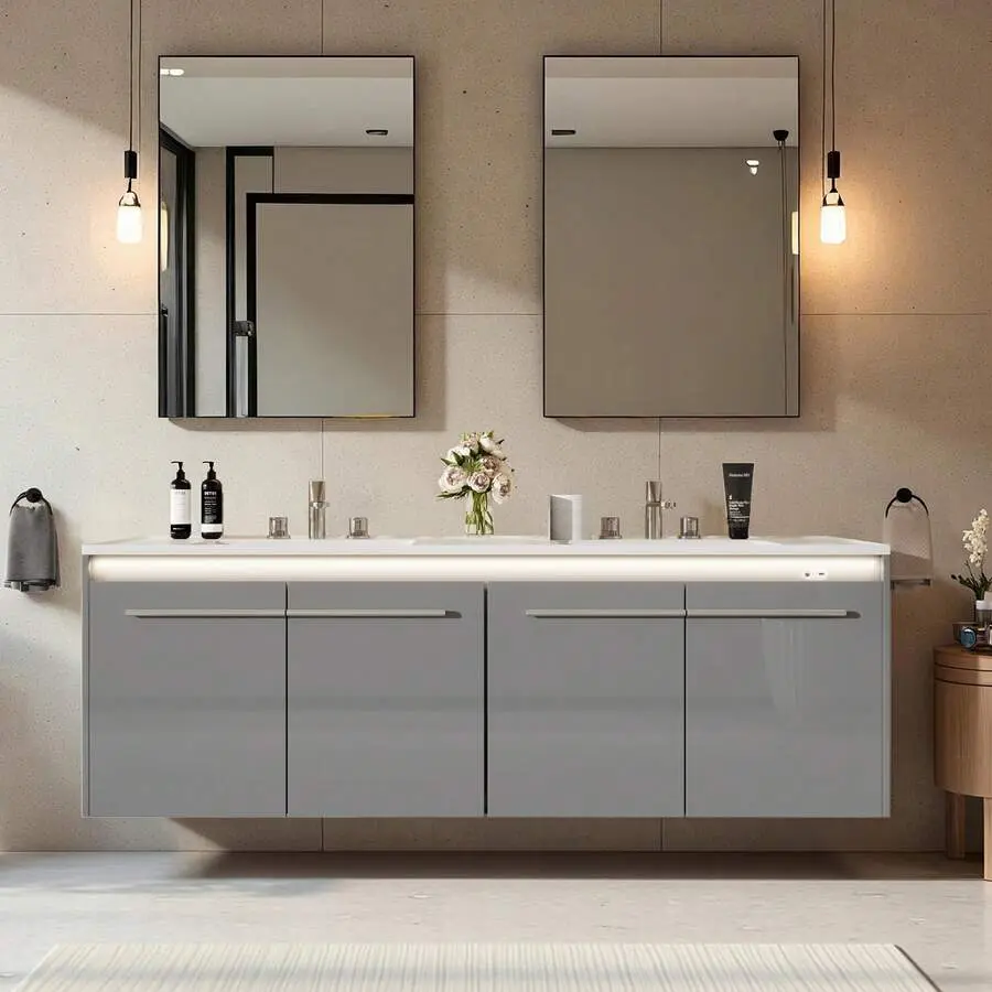 LED Floating Bathroom Double Vanity With Sink Combo, Modern Gloss Mounted Bathroom Storage Cabinet With Metal Handles And Soft Closing Doors