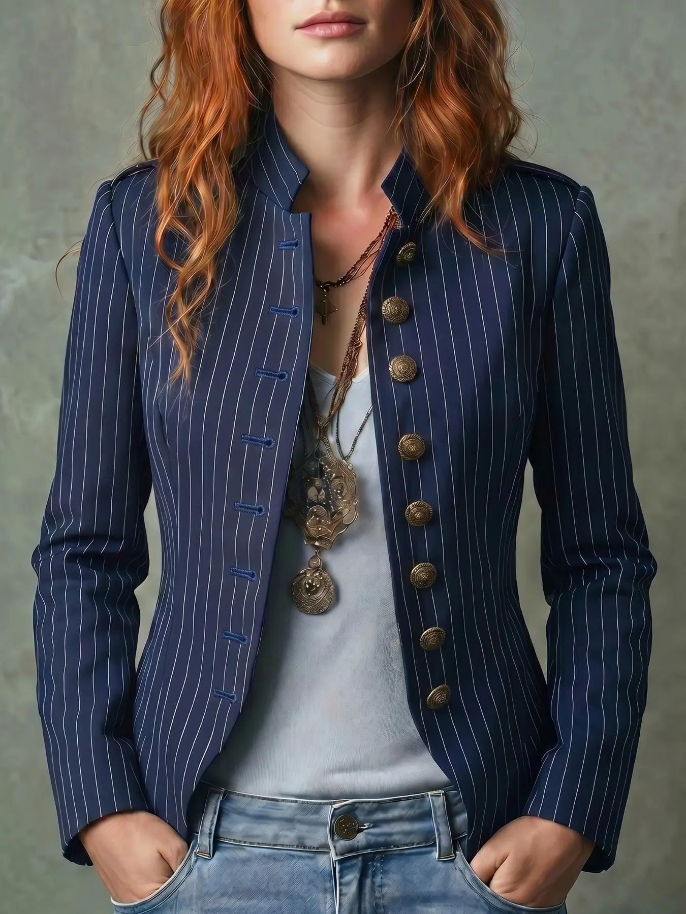Women's Vertical Stripe Stand Collar Waistcoat Jacket, Vintage Bronze Relief Single Button Slim Fit Blazer