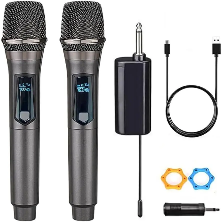Wireless Microphone, Rechargeable Fixed Frequency Wireless Dual Microphone,Handheld Dynamic mic,Karaoke Singing, Weddings DJ,Party, Church, Classroom use, 200 feet, Gray. (2 Versions Randomly Shipped)