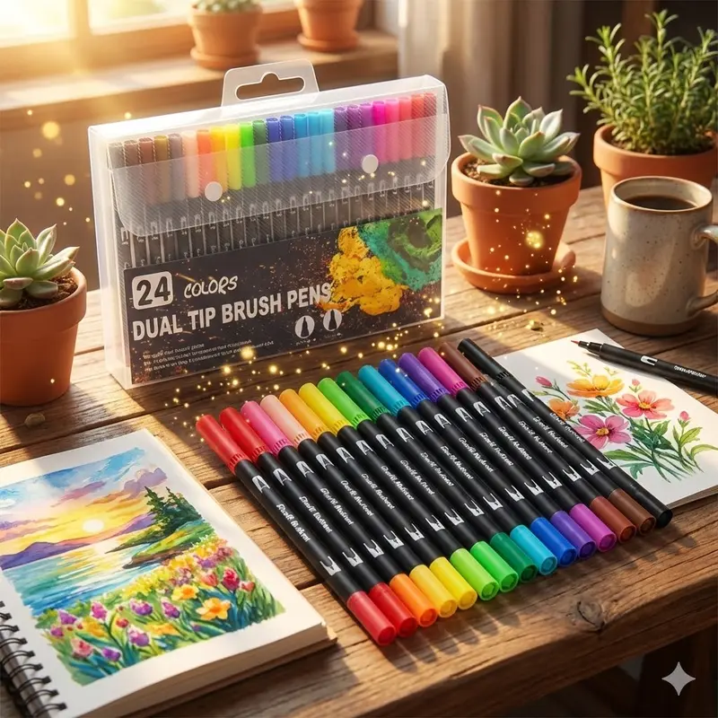 24 Color Aesthetic Dual Tip Markers, Brush & Fine Pen Set for Bullet Journaling, Calligraphy & Planner