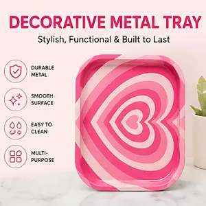 1Pc Pink Heart Decorative Metal Tray, Cute Vintage Heart Design Rolling Tray, Small Vanity Tray for Jewelry, Keys, Cosmetics, Perfume, Decorative Organizer Tray for Bedroom, Bathroom, Desk Decor