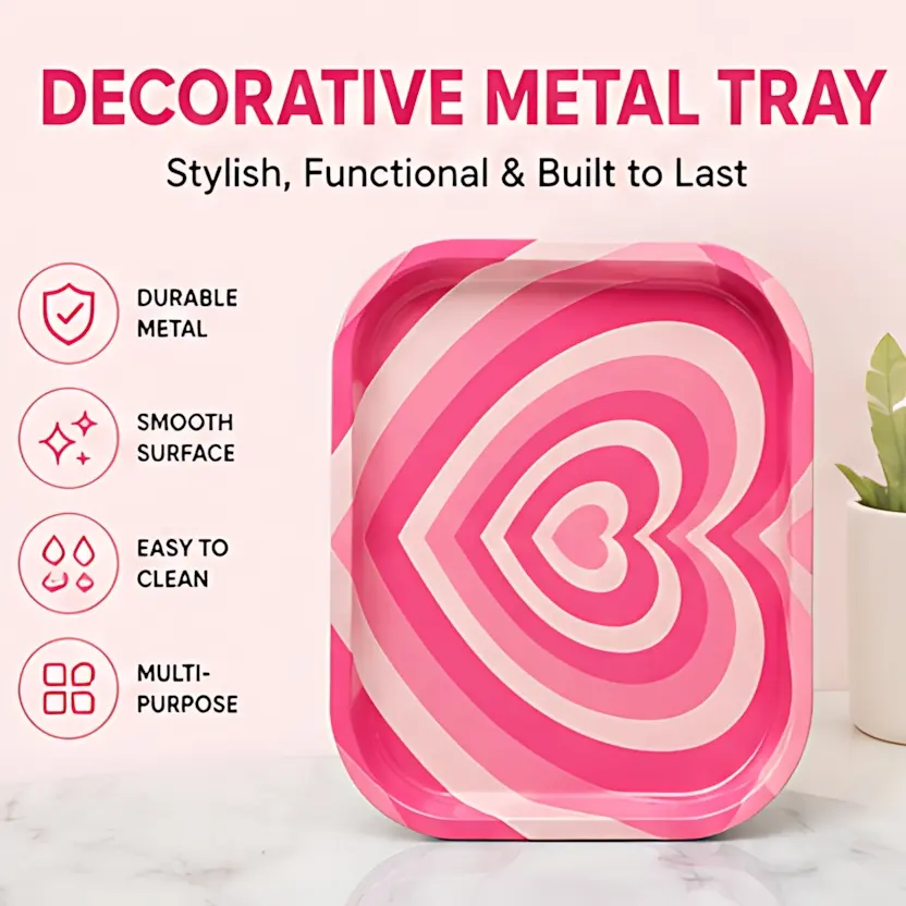1Pc Pink Heart Decorative Metal Tray, Cute Vintage Heart Design Rolling Tray, Small Vanity Tray for Jewelry, Keys, Cosmetics, Perfume, Decorative Organizer Tray for Bedroom, Bathroom, Desk Decor, Bathroom Decoration Accessories