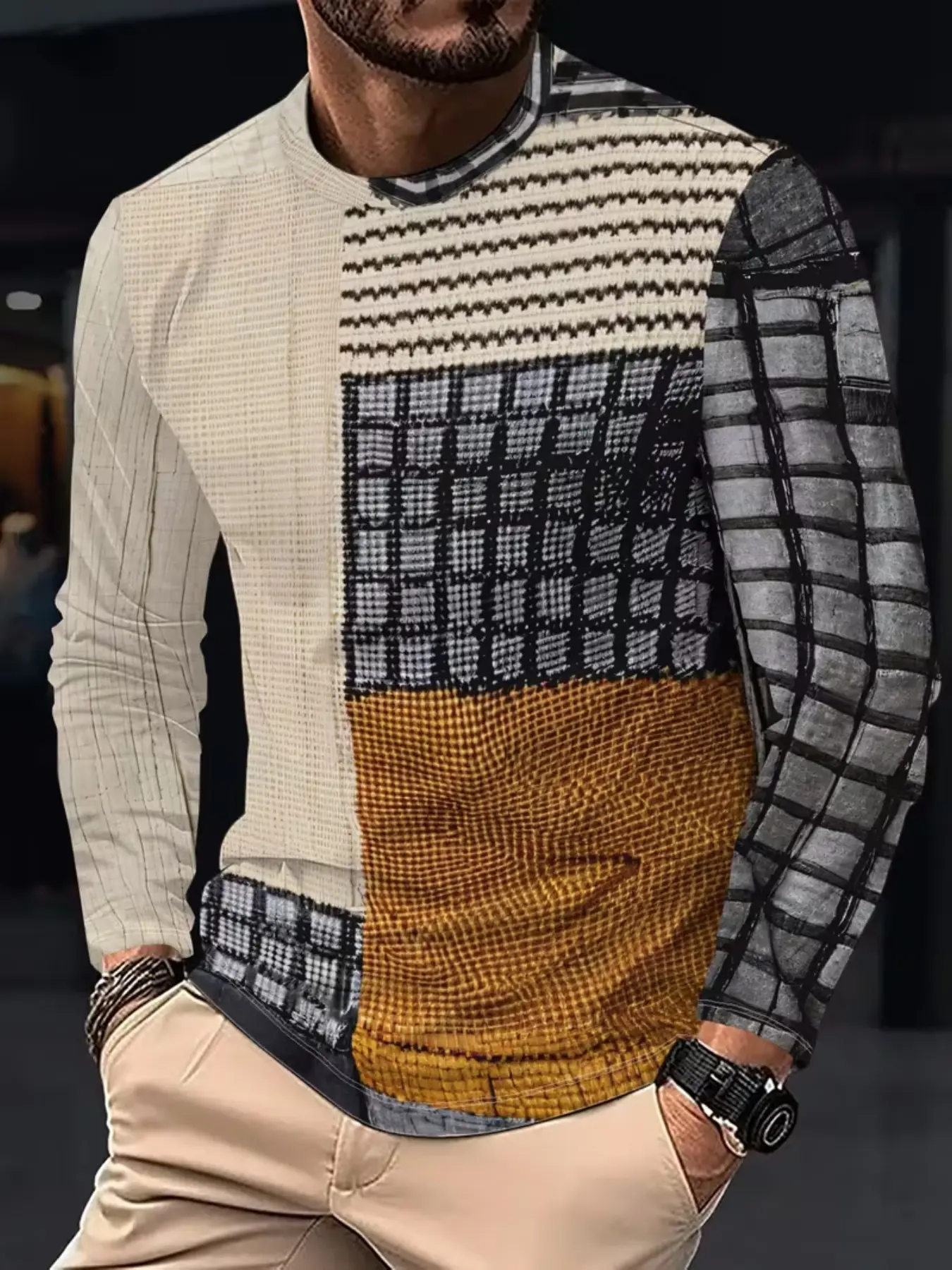 Men's Long Sleeve T-Shirt, Plaid Stripe Patchwork Fabric Texture Print, Casual Spring & Fall Top, Unlined, All over Print