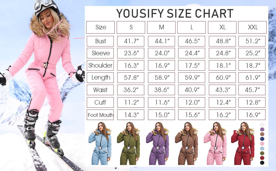 Yousify Women's Winter Ski Suit One-Piece Hooded Fur Collar Jumpsuit Snowsuit Outdoor Sports Coat Waterproof Removable Fur Collar