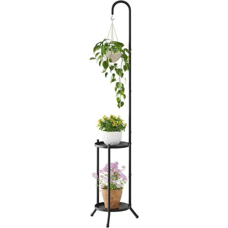 2-Tier Metal Plant Stand with Hanging Hook, Indoor Outdoor Plant Shelf, Heavy Duty Plant holder Rustproof Iron Multiple Plant Round Supports Rack for Planter Corner Garden Balcony Patio (Black)