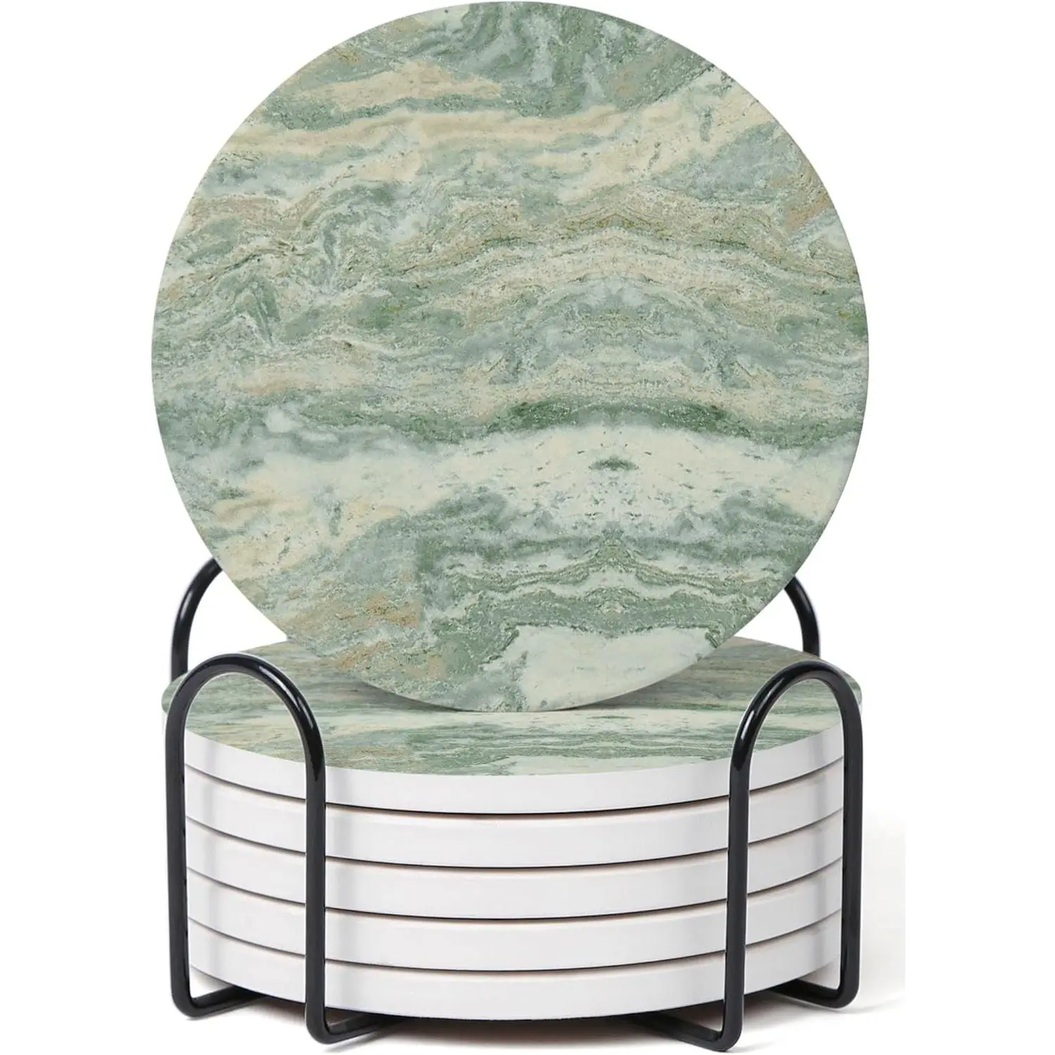 Set of 6 Sage Green Abstract Onyx Marble Coasters with Holder, Absorbent Ceramic Coasters for Drinks, Coasters with Cork Backing for Table Protection, Coffee Table Decor
