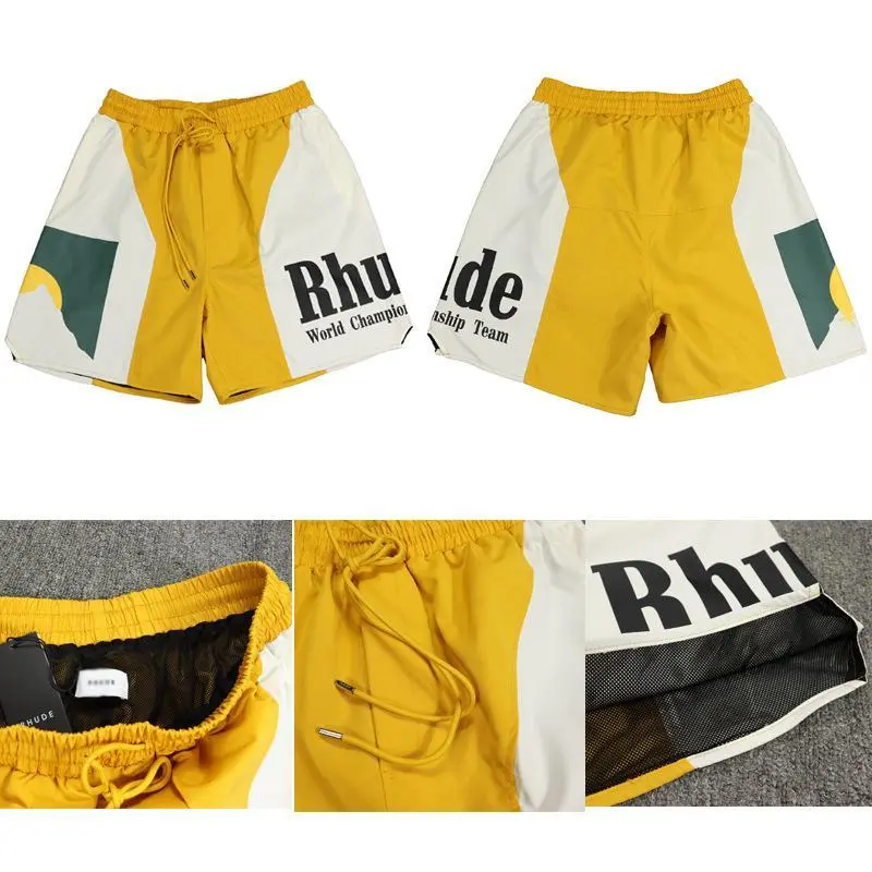 Men's Summer Beach Shorts Elastic Waist with Drawstrings Sunset Letter Printing Color Patchwork Yellow Cutouts Casual Sports Vacation Wear for Men