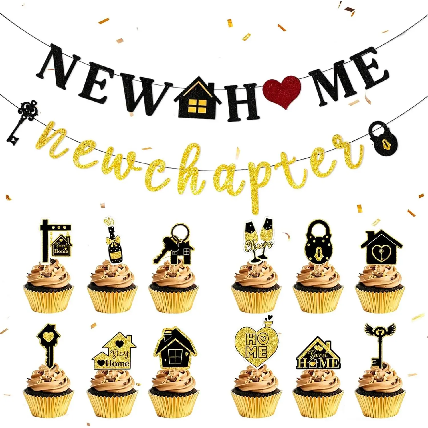 Decorations Banner - Housewarming Party Decoration  Memories Banner With 12 count Cake Cupcake Toppers for  Party Decor