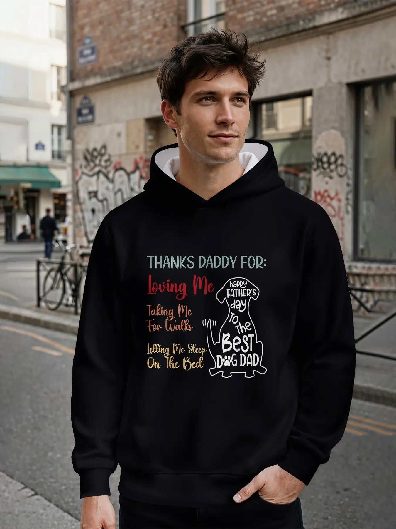 Men's 3D digital print hoodie exclusive for Father's Day, featuring a warm short phrase with puppy silhouettes on a solid black base. Covered in all-over prints, it stands out for daily outings and music festival looks, making it an ideal holiday gift for