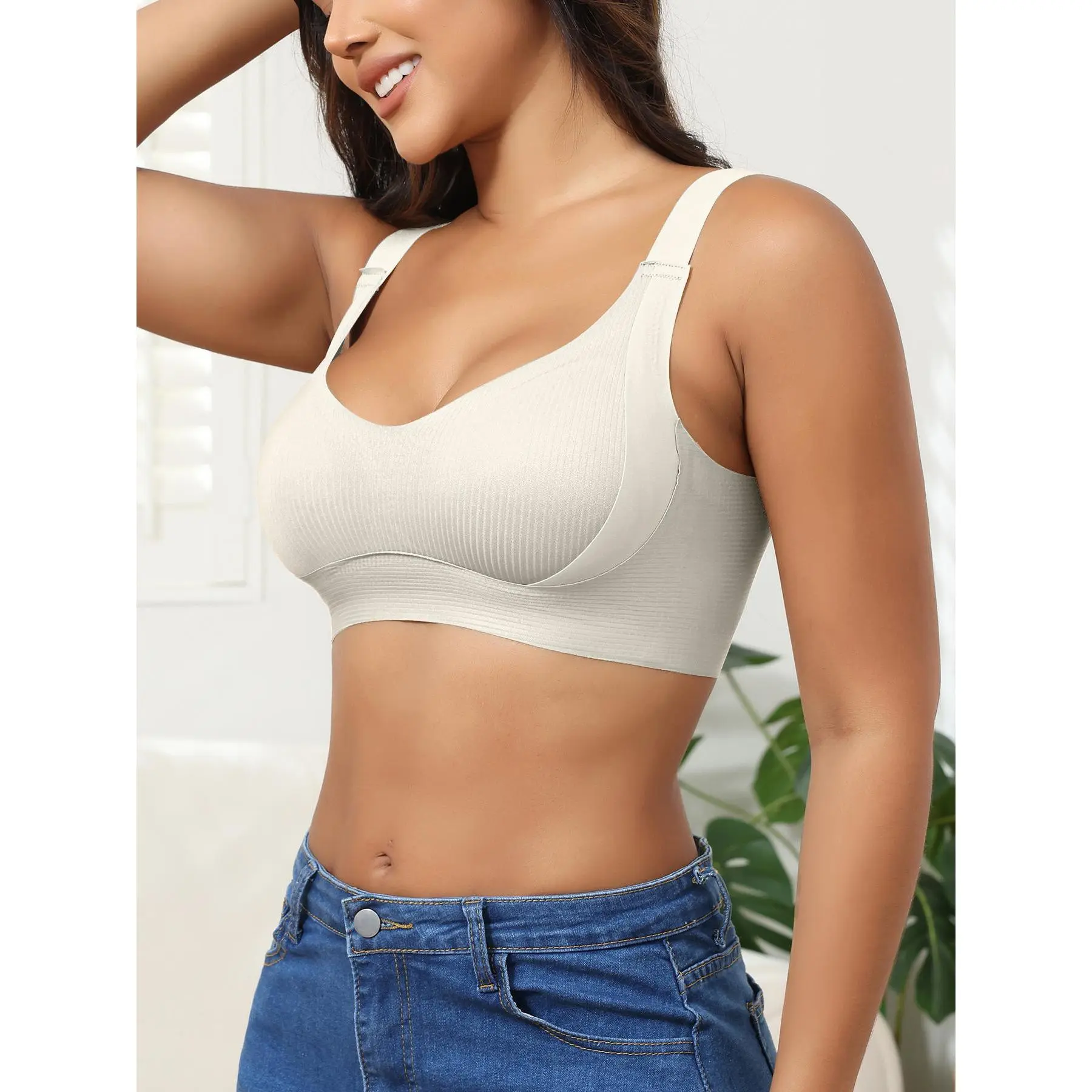 EssElegance Women's White Ribbed Seamless Wireless Bra Wirefree Padded Bralette Push Up Full Coverage Smoothing Support Wide Adjustable Straps Back Closure Invisible Everyday Comfort T-Shirt Lounge Lingerie Tops