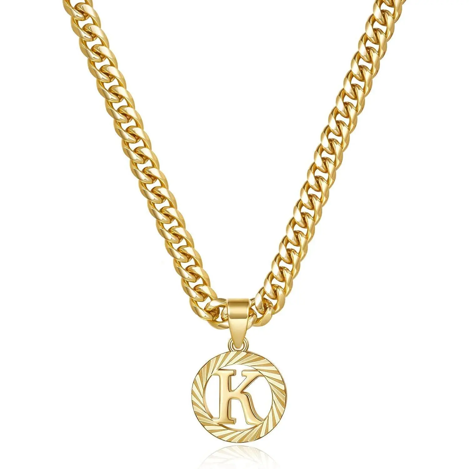 Gold Initial Necklaces - 14 Karat Gold Plated 5mm Cuban Chain, Hollow Capital Monogram Letter Pendant, Customizable Alphabets A-Z, Dainty Engagement Costume Jewelry for Women, Letter Initial Necklaces, Casual