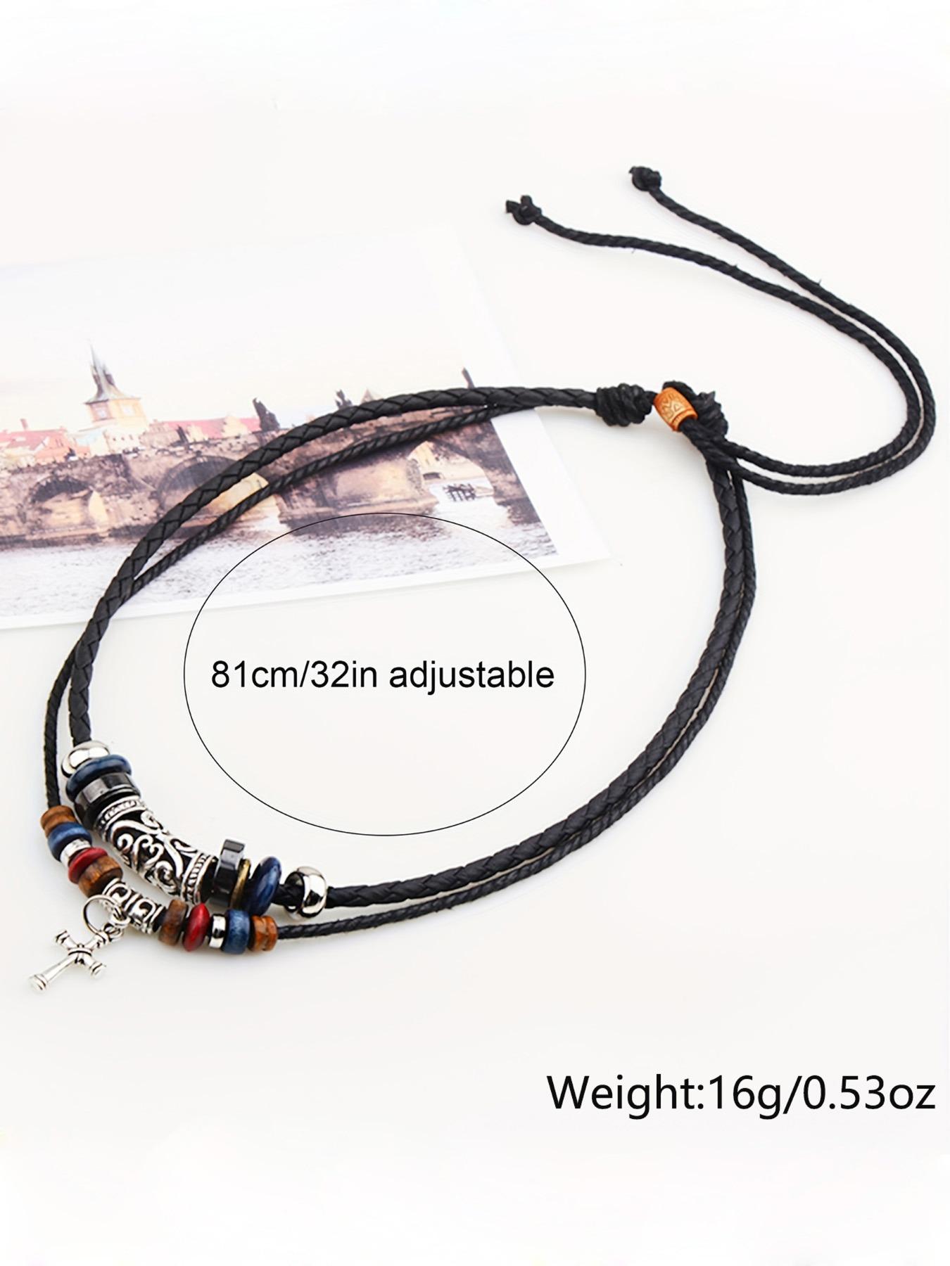 Unisex Boho Style Drawstring Layered Beaded Necklace, Trendy Chic Vintage Retro Necklace, Gorgeous Jewelry As Birthday Gift for Girlfriend & Boyfriend, Cross Charm Necklace