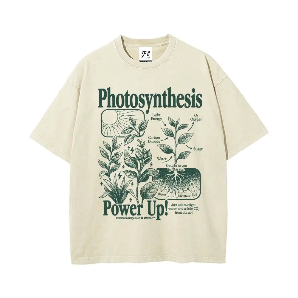Men's Vintage Casual Round-Neck Short-Sleeve T-Shirt - Unisex Drop-Shoulder Cottagecore Menswear Top with "Photosynthesis Power Up" Retro Mineral Wash Graphic, Stretch Fabric, Oversized Streetwear for Plant Lovers (Men's Clothing)